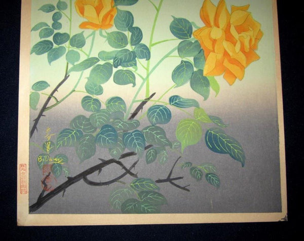 A Great Orig Japanese Woodblock Print Ohno Bafuku Yellow Rambler Rose Kyoto Hanga Printmaker 1950s ORIGINAL EDITION (1)