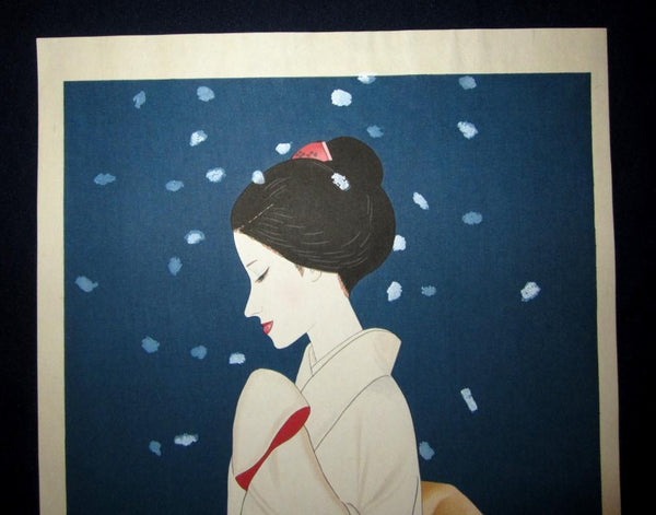 A Huge Orig Japanese Woodblock Print Limit# Pencil Sign Takasawa Keiichi Snow Bijin