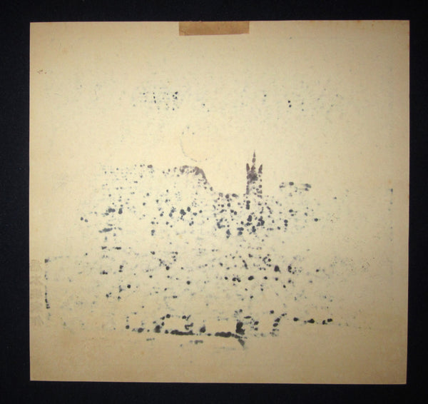 A Great Orig Japanese Woodblock Print PENCIL Sign Limit# Hashimoto Okiie Moon, Church, Village Embroider Mark