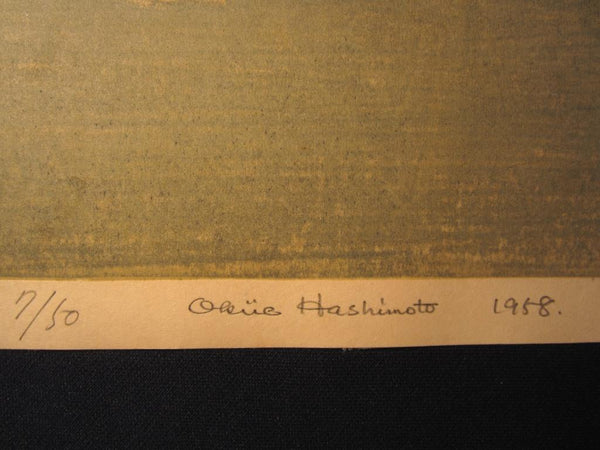 A HUGE Limited Number Orig Japanese Woodblock Print PENCIL sign Hashimoto Okiie Horyuji Temple 1958