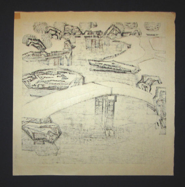 AN EXTRA LARGE Orig Japanese Woodblock Print PENCIL Sign Limit# Hashimoto Okiie Garden with a Pond 1971