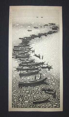 A Great Large Orig Japanese Woodblock Print Okuyama Jihachiro Boats (2)