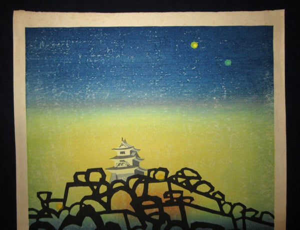 A HUGE Orig Japanese Woodblock Print PENCIL Sign Limit# Hashimoto Okiie Morning of Marugame Castle with Twilight Moon 1970