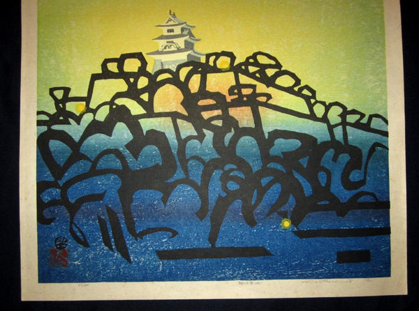 A HUGE Orig Japanese Woodblock Print PENCIL Sign Limit# Hashimoto Okiie Morning of Marugame Castle with Twilight Moon 1970