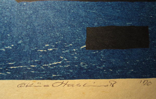 A HUGE Orig Japanese Woodblock Print PENCIL Sign Limit# Hashimoto Okiie Morning of Marugame Castle with Twilight Moon 1970