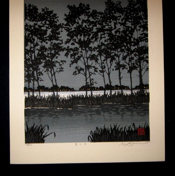 A HUGE Orig Japanese Woodblock Print Pencil-Signed Limit# Self_Carve & Self_Print Miyamoto Shufu Summer Moon Embroider Mark