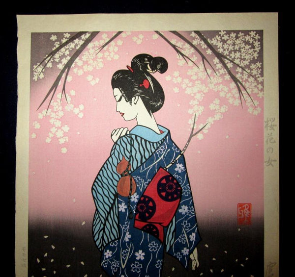 A Great Orig Japanese Woodblock Print Miyata Masayuki LIMIT # Bijin of Cherry Blossom (3)