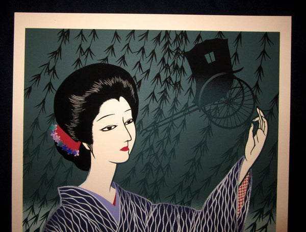 A Huge Orig Japanese Woodblock Print Miyata Masayuki LIMIT # PENCIL Sign Ginza Willow Woman (2)