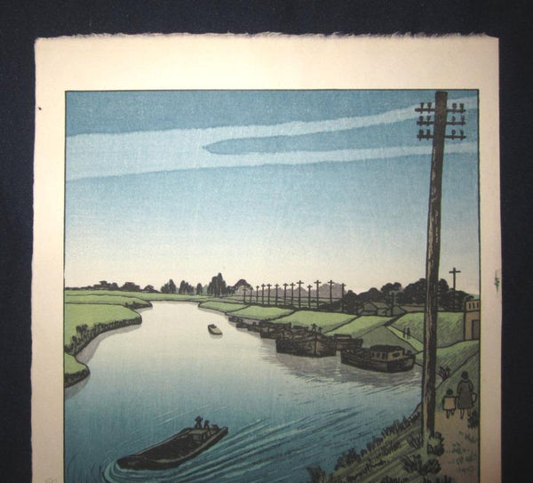 A Great Orig Japanese Woodblock Print PENCIL Sign SELF_CARVE SELF_PRINT Okuyama Jihachiro Edo Gawa River Showa 31 October (1956)