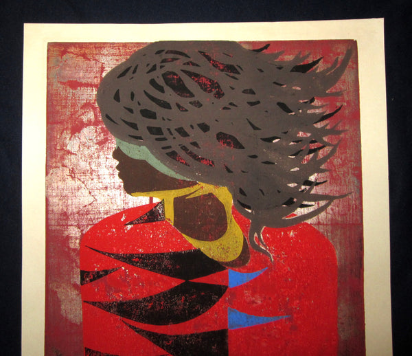 A Great HUGE Orig Japanese Woodblock Print PENCIL Sign Tadashi Nakayama Red Clothes 1957