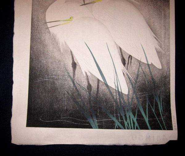 A Great Orig Japanese Woodblock Print LIMIT NUMBER Niji Kage Heron in a Raining Night Uchida First Edition Chop Mark and Water Mark 1960s