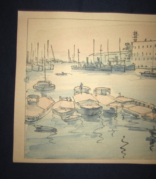 A Great Orig Japanese Woodblock Print Rinsaku Akamatsu Number #14 View Kawaguchi, the estuary of Yodo river from the Series of 24 Views of Osaka Showa 22 1947