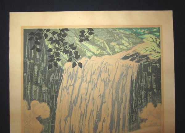A Huge Orig Japanese Woodblock Print PENCIL Sign Limit# Kitaoka Fumio Waterfall Rainbow 1972