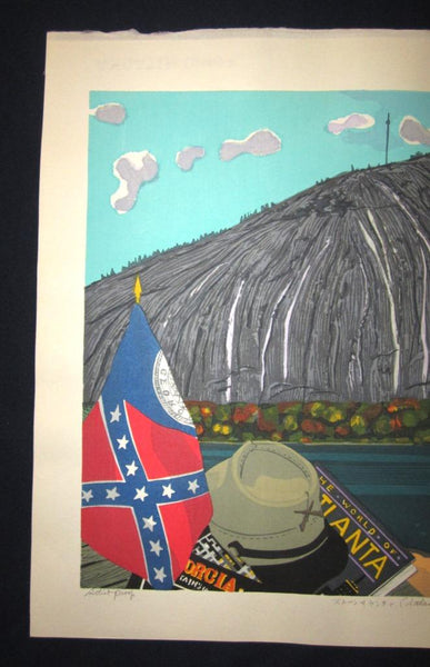 A Huge Orig Japanese Woodblock Print PENCIL Sign Limited-edition Kitaoka Fumio Stone Mountains Dekalb Atlanta Georgia Water Marks 1987