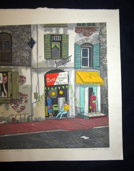 A Huge Orig Japanese Woodblock Print PENCIL Sign Limited-edition Kitaoka Fumio Savannah Riverside Street Atlanta Georgia Water Marks 1992