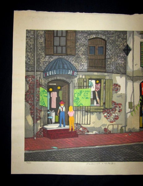 A Huge Orig Japanese Woodblock Print PENCIL Sign Limited-edition Kitaoka Fumio Savannah Riverside Street Atlanta Georgia Water Marks 1992