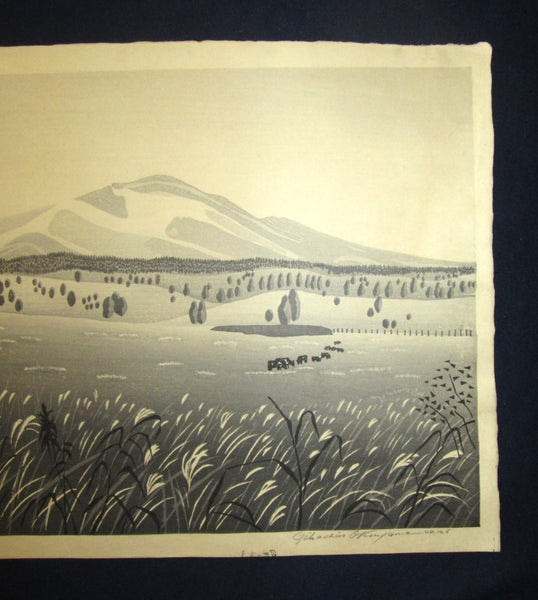A Huge Orig Japanese Woodblock Print Okuyama Jihachiro PENCIL Sign LIMITED Edition Asama Ranch 1944 Japanese Landscape