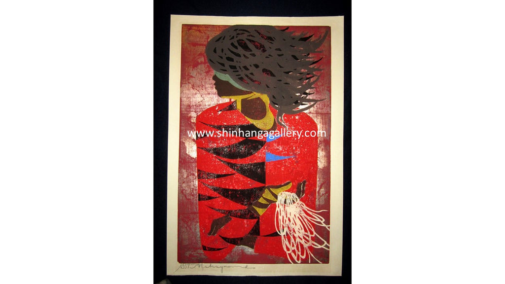 A Great HUGE Orig Japanese Woodblock Print PENCIL Sign Tadashi Nakayama Red Clothes 1957