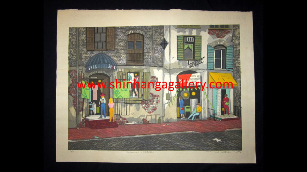 A Huge Orig Japanese Woodblock Print PENCIL Sign Limited-edition Kitaoka Fumio Savannah Riverside Street Atlanta Georgia Water Marks 1992