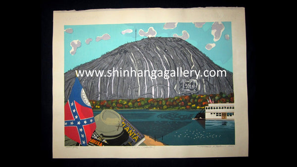 A Huge Orig Japanese Woodblock Print PENCIL Sign Limited-edition Kitaoka Fumio Stone Mountains Dekalb Atlanta Georgia Water Marks 1987