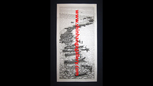 A Great Large Orig Japanese Woodblock Print Okuyama Jihachiro Boats (4)