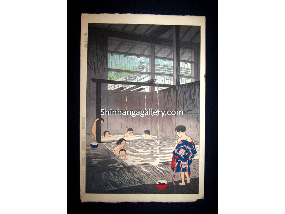 This is a very beautiful and rare original Japanese woodblock print “Naruko Hot Spring” signed by the Shin-Hanga woodblock print master Shiro Kasamatsu (1898-1991) published by the famous printmaker Unsodo made in Showa 29, which is 1954 IN EXCELLENT CONDITION.