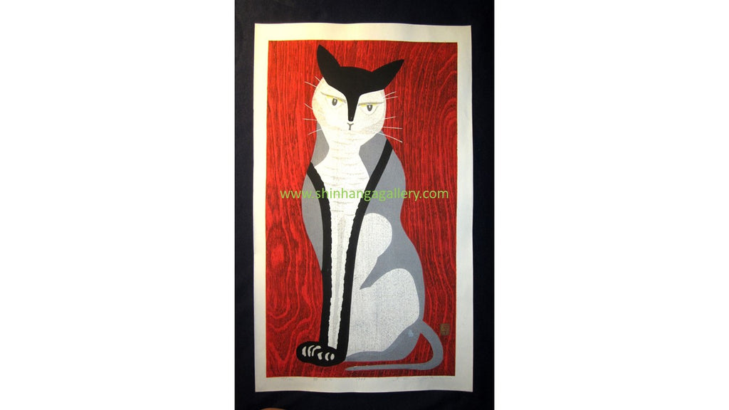 A Huge Orig Japanese Woodblock Print LIMIT# PENCIL Sign Ippei Kusaki Red Cat 1979