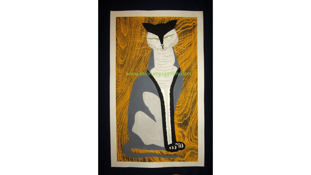 A Huge Orig Japanese Woodblock Print LIMIT# PENCIL Sign Ippei Kusaki Yellow Cat 1979
