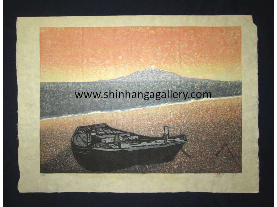 This is an HUGE very beautiful and LIMITED NUMBER (46/50) ORIGINAL Japanese Shin Hanga woodblock print “The Last Voyage“ PENCIL SIGNED by the famous Showa Shin Hanga woodblock master Joshua Rome (1953-) made in 1999 IN EXCELLENT CONDITION.