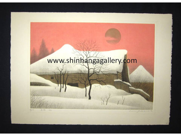 This is a very beautiful and special LIMITED-NUMBER (88/100) original Japanese Mezzotint print “Golden Sun” PENCIL SIGNED by the famous Japanese Shin Hanga print Master Koichi Sakamoto (1932 -) made in 1980s with an ORIGINAL artist's embroidered mark IN EXCELLENT CONDITION.