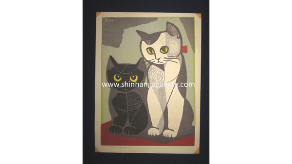 A Great Orig Japanese Woodblock Print Inagaki Tomoo Two Cats