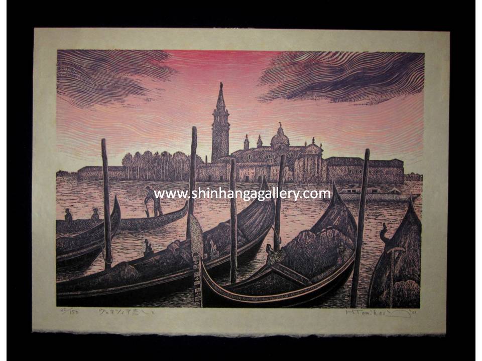 This is an EXTRA LARGE, very beautiful, and special LIMITED-NUMBER (25/125) original Japanese woodblock print “Love of Venice Italy” PENCIL SIGNED by the famous Modern Japanese woodblock print Master Hiroshi Tomihari (1936 -) made in 2001 IN EXCELLENT CONDITION.