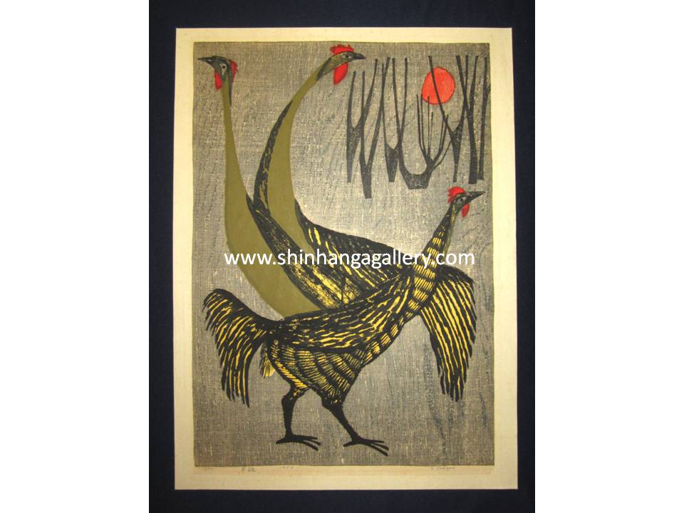 This is a HUGE very beautiful and rare LIMITED-NUMBER (31/50) original Japanese woodblock print “Military Chicken” PENCIL SIGNED by the famous Showa Shin Hanga woodblock print master Shiro Takagi (1934-) made in 1967.