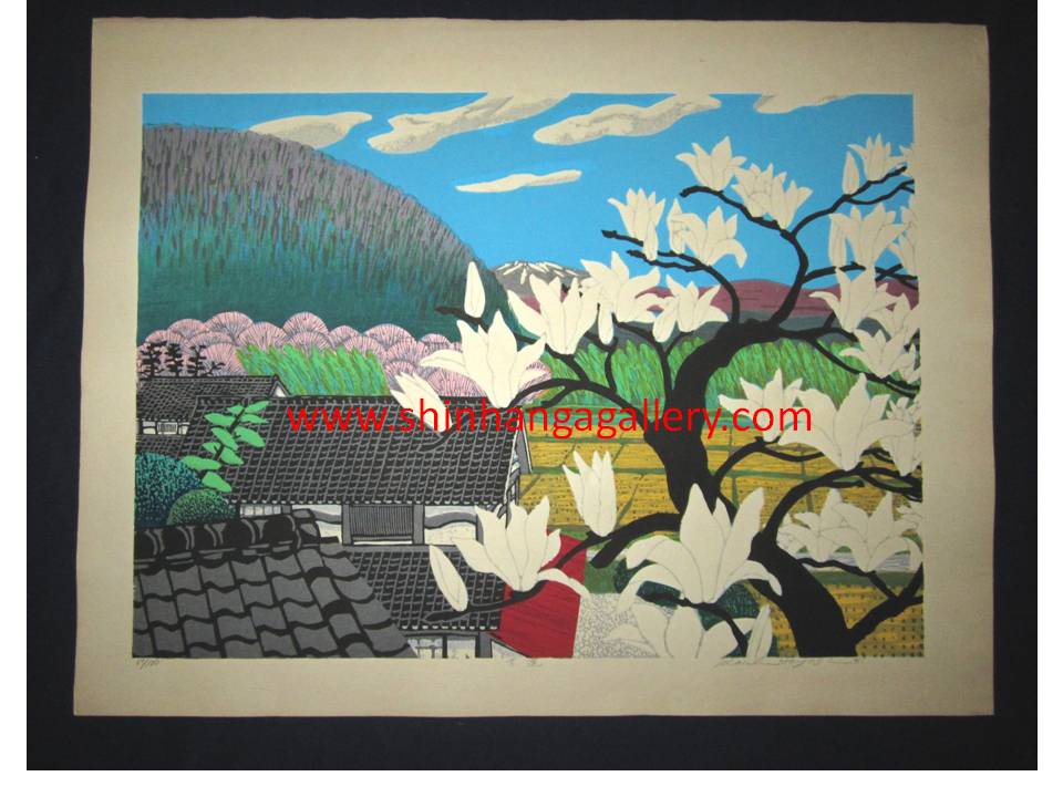 This is a HUGE very beautiful, and special LIMITED-NUMBER (68/100) ORIGINAL Japanese Shin Hanga woodblock print “Lily Magnolia” PENCIL SIGNED by the famous Japanese Shin Hanga woodblock print Master Hayashi Waichi (1951 -) made in 1981 IN EXCELLENT CONDITION.