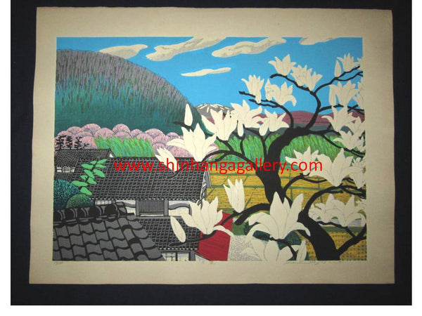 This is a HUGE very beautiful, and special LIMITED-NUMBER (68/100) ORIGINAL Japanese Shin Hanga woodblock print “Lily Magnolia” PENCIL SIGNED by the famous Japanese Shin Hanga woodblock print Master Hayashi Waichi (1951 -) made in 1981 IN EXCELLENT CONDITION.