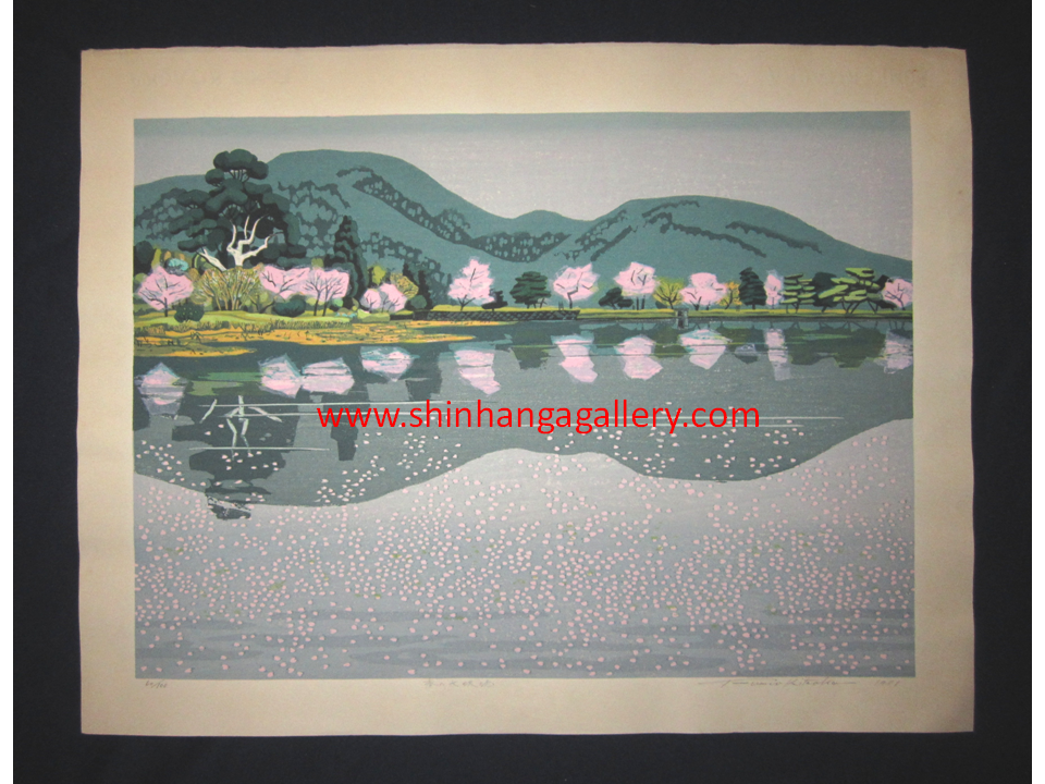 This is a HUGE very beautiful LIMITED NUMBER (60/100) ORIGINAL Japanese Shin Hanga woodblock print “Spring at Osawaike “ PENCIL SIGNED by the famous Showa Shin Hanga woodblock master Kitaoka Fumio (1918-) made in 1981 IN EXCELLENT CONDITION.