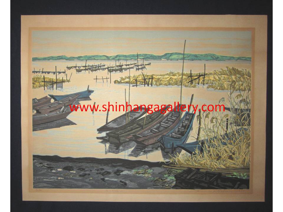 This is a HUGE very beautiful LIMITED NUMBER (36/120) ORIGINAL Japanese Shin Hanga woodblock print “Winter at Lake Inbanuma “ PENCIL SIGNED by the famous Showa Shin Hanga woodblock master Kitaoka Fumio (1918-) made in 1979 IN EXCELLENT CONDITION.