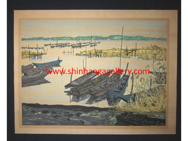 This is a HUGE very beautiful LIMITED NUMBER (36/120) ORIGINAL Japanese Shin Hanga woodblock print “Winter at Lake Inbanuma “ PENCIL SIGNED by the famous Showa Shin Hanga woodblock master Kitaoka Fumio (1918-) made in 1979 IN EXCELLENT CONDITION.