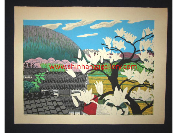 This is a HUGE very beautiful, and special LIMITED-NUMBER (61/100) ORIGINAL Japanese Shin Hanga woodblock print “Lily Magnolia” PENCIL SIGNED by the famous Japanese Shin Hanga woodblock print Master Hayashi Waichi (1951 -) made in 1981 IN EXCELLENT CONDITION.