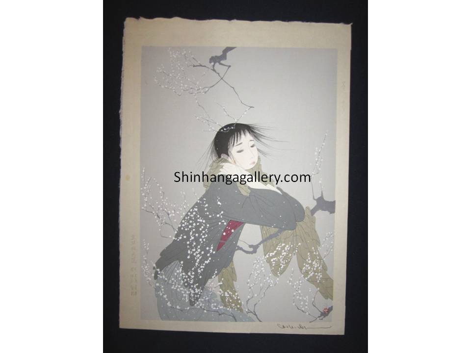 This is an EXTRA LARGE very beautiful and rare original Japanese Shin Hanga woodblock print masterpiece “Snow Flower” from the series “Wind Connection” PENCIL SIGNED by the famous Showa Shin Hanga woodblock print master Nakajima Kiyoshi (1943-) published by KYOTO HANGA PRINTMAKER in1980s IN EXCELLENT CONDITION.