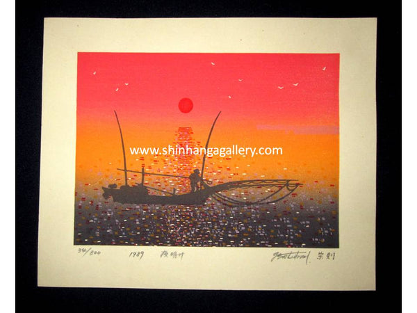 This is a very beautiful, special and LIMITED-NUMBER (34/800) original Japanese Shin Hanga woodblock print “Dusk” PENCIL SIGNED by the famous Showa modern woodblock print master Makino Munenori (1940-) made in 1989 IN EXCELLENT CONDITION.