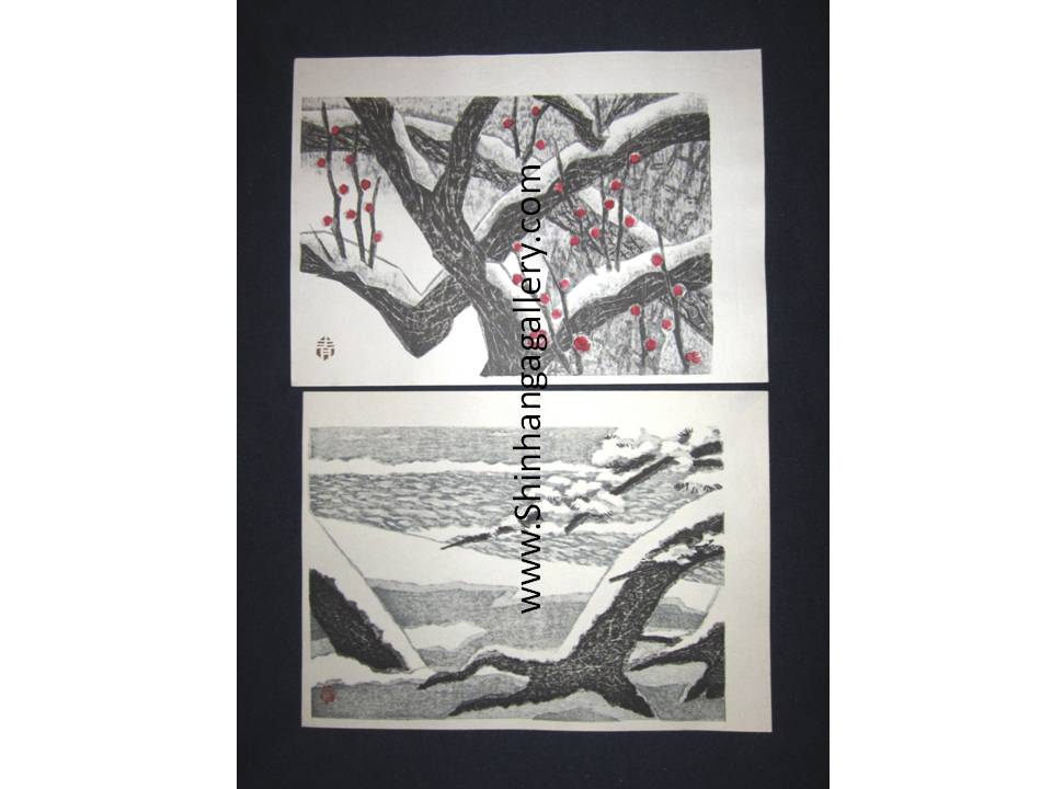 There are Two very beautiful and rare ORIGINAL Japanese woodblock prints masterpiece “Snow Plum”and “Snow Tree” signed by the famous Showa Sosaku Hanga woodblock print master Aoyama Masaharu (Seiji) (1893-1969), made in 1960s IN EXCELLENT CONDITION.