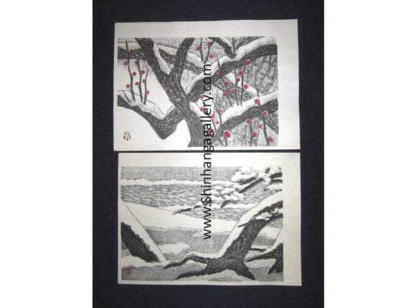 There are Two very beautiful and rare ORIGINAL Japanese woodblock prints masterpiece “Snow Plum”and “Snow Tree” signed by the famous Showa Sosaku Hanga woodblock print master Aoyama Masaharu (Seiji) (1893-1969), made in 1960s IN EXCELLENT CONDITION.