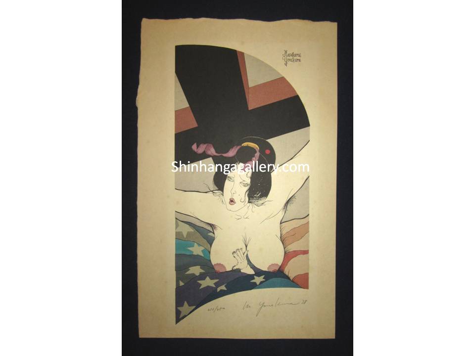 This is a HUGE very beautiful and LIMITED NUMBER (216/250) ORIGINAL Japanese Shin Hanga woodblock print “Nude and Cross “ PENCIL SIGNED by the famous Showa Shin Hanga woodblock master Masakane Yonekura (1939-2014) made in 1978.