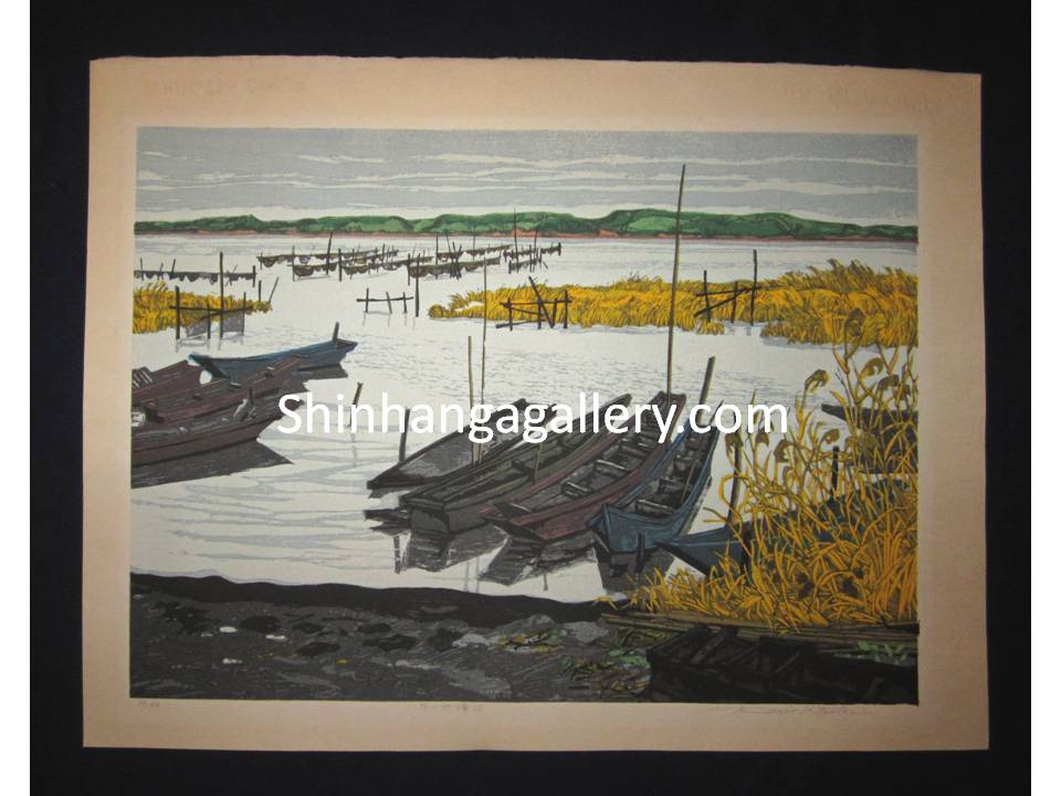 Japanese woodblock print “Winter at Inbauma Shikubinuma “ SIGNED by  Kitaoka Fumio in 1970s