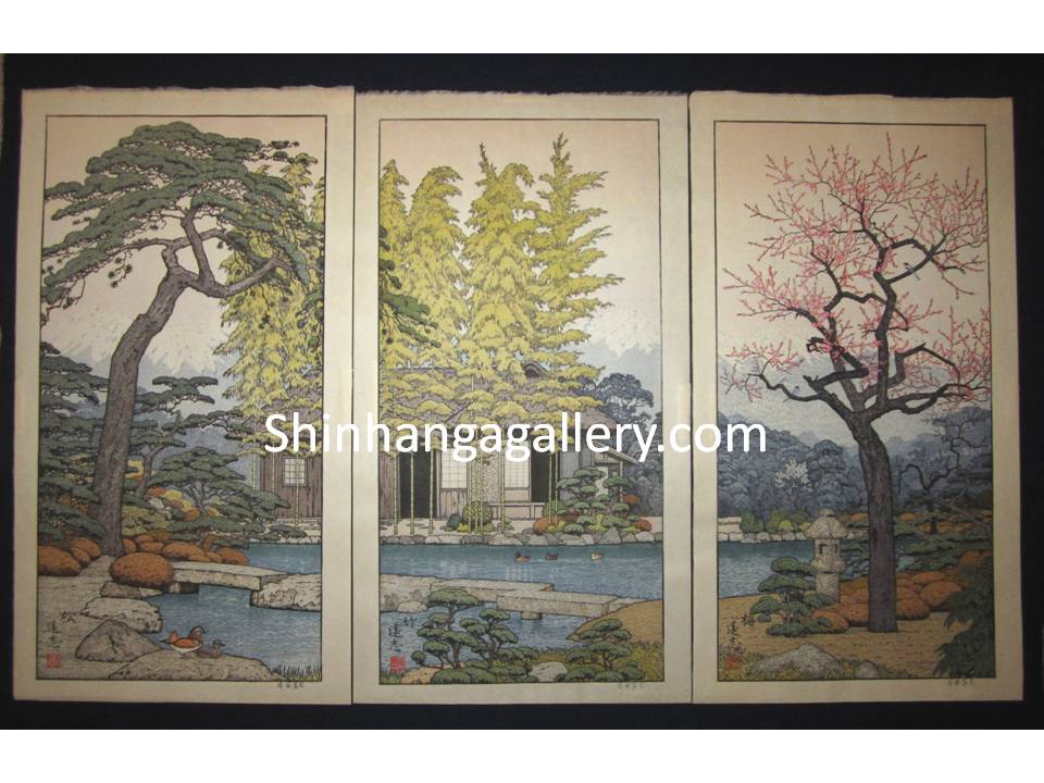ORIGINAL Japanese woodblock print triptych “Pine, Bamboo, and Plum” signed by Toshi Yoshida (1911-1995) made in 1980s IN EXCELLENT CONDITION.