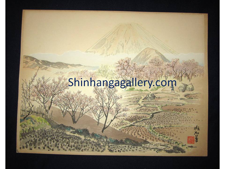 Orig Japanese Woodblock Print Jokata Kaiseki View of Mt. Fuji from the Plum Orchard at Shimosoga 1929