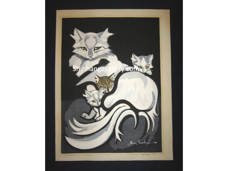 This is a HUGE very beautiful, special LIMITED-NUMBER (14/100) original Japanese woodblock print “Cat” PENCIL SIGNED by the Famous Taisho/Showa Shin Hanga woodblock print artist Junichiro Sekino (1914 ~1988) made in 1960 IN EXCELLENT CONDITION.