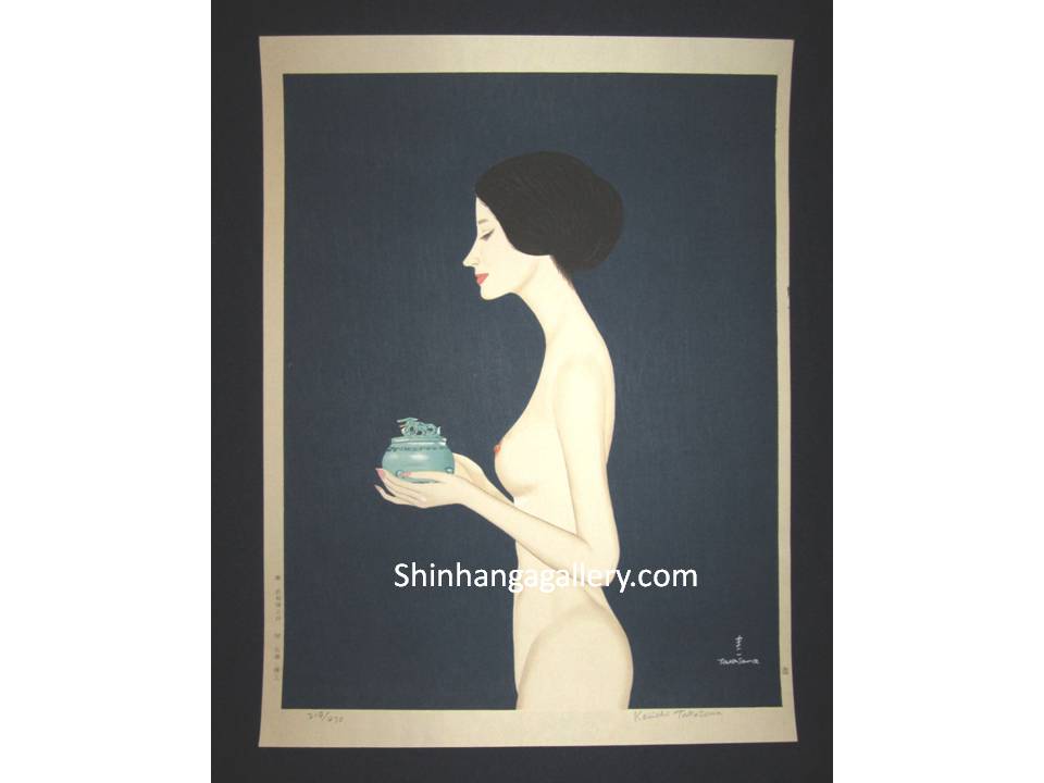 This is a HUGE, LIMITED-NUMBER (219/470), very beautiful and special ORIGINAL Japanese woodblock print “Nude Incense Burner” PENCIL SIGNED BY the famous Shin-Hanga woodblock print master Takasawa Keiichi (1914-1984) made in 1970s IN EXCELLENT CONDITION.