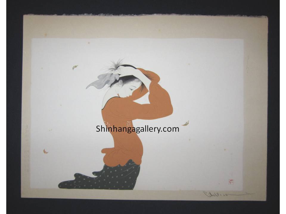 This is an EXTRA LARGE very beautiful and rare original Japanese Shin Hanga woodblock print masterpiece “Falling Leaves” from the series “Wind Connection” PENCIL SIGNED by the famous Showa Shin Hanga woodblock print master Nakajima Kiyoshi (1943-) published by KYOTO HANGA PRINTMAKER in1980s.